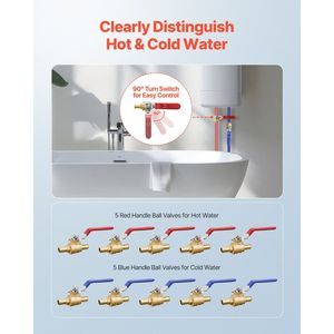 Set di 10 Valvole a Sfera in Ottone PEX da 1/2 Pollice, Completamente Apribili, per Acqua Calda (Rosso) e Fredda (Blu), a Quarto di Giro - Product Image 3