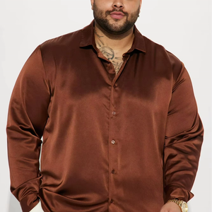 Wholesale Chocolate Men Long Sleeve <b>Satin</b> Shirt Custom Big Tall <b>Blouse</b> Support Custom Many Colors 100% Polyester Button up Shirt - Product Image 1