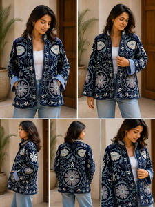 Velvet Sujani Art Embroidered Floral Pattern Open Front <b>Reversible</b> Thick Boho Chic Winter <b>Jacket</b> with Zipper Closure Woven - Product Image 4