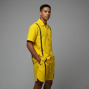 Ensemble court pour homme 100 % coton, personnalisable avec logo imprimé, polo et short, style streetwear, couleur unie, rayures noires, ensemble 2 pièces - Product Image 5