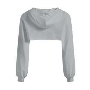 Sudadera Corta con Capucha para Mujer, Color Gris Sólido, Manga Larga, Tejido de Algodón, Estilo Casual Otoñal - Product Image 2