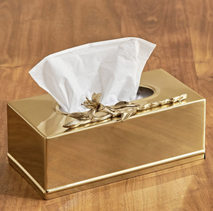 Elegante caja rectangular negra para pañuelos con adornos dorados y motivos florales blancos. Disponible a precios de mayorista. - Product Image 3