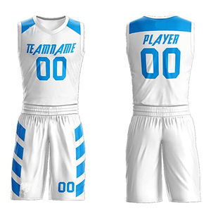 Conjunto de Uniforme de Baloncesto Personalizado para Hombre, Diseño de Bloques de Color Blanco y Azul, Impresión Digital, Secado Rápido, Jersey Deportivo con Cuello en V y Pantalones Cortos, Servicio OEM - Product Image 1
