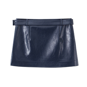 Women's Navy Blue PU Leather <b>Mini</b> Skirt With Belt And Silver Studs Regular Waist Solid Color Straight Design All Seasons Wear - Product Image 5