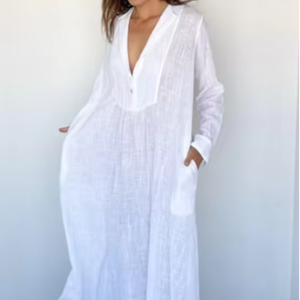 Vestido maxi caftán de lino blanco y algodón para mujer, holgado, con cuello en V, largo, estilo playero, bohemio, talla grande, para resort, informal. - Product Image 1