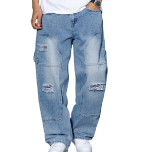Jeans de Mezclilla para Hombre, Corte Holgado, Estilo Desgastado, Vintage, Lavado a la Piedra, Casual, Streetwear, Moda Premium, Color Sólido, 100% Algodón - Product Image 1