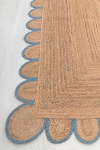 Coastal Braided Jute Area <b>Rug</b> Rectangle Scalloped Edge Non-Slip <b>Flat</b> Weave Hallway <b>Rug</b> Natural Blue Trim - Product Image 3