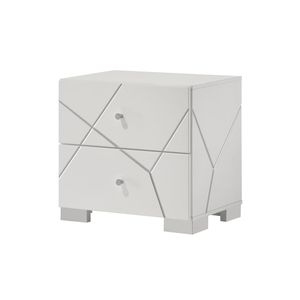 Mesita de Noche Contemporánea de Madera con Detalles Geométricos Audaces, Acabado Blanco Brillante, Dos Cajones - Product Image 1