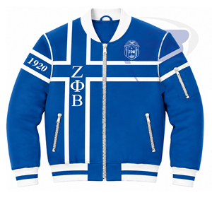 Chaqueta Universitaria para Mujer Zeta Phi Beta, Azul y Blanca, con Letras Griegas Bordadas, Cierre Frontal, Estilo Preppy, Cuello y Puños con Letras - Product Image 1