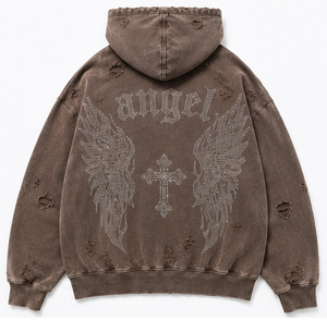 Sweat-shirt à capuche zippé oversize pour homme, marron délavé, avec poche brodée en croix, en coton French Terry, style automne - Product Image 2