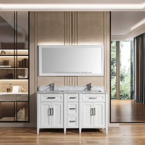 Mueble de Baño Moderno de Madera Contrachapada y Mármol, 60 Pulgadas, Color Blanco, con Espejo y Cajones de Cierre Suave para Villa - Product Image 1