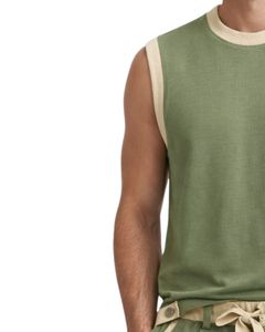 Ensemble débardeur sans manches vert et short assorti pour homme, tenue décontractée d'été en coton, short à cordon de serrage avec bordure contrastée, ensemble deux pièces - Product Image 4