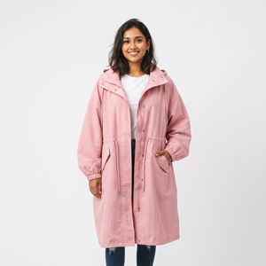 Chaqueta cortavientos larga para mujer con cremallera, impermeable, de nailon, con botones, con capucha, de poliéster, cortavientos, impermeable. - Product Image 1