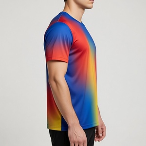 Camiseta de Manga Corta para Hombre, Cuello Redondo, Azul Melange, Corte Regular, Informal, Tejido de Punto, Secado Rápido, 100% Poliéster, Estampado Geométrico Arcoíris - Product Image 6