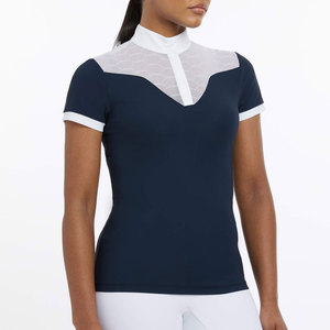 Camisa de equitación azul marino para mujer, manga corta, cuello alto, con bloques de color, transpirable, tejido de punto. - Product Image 4