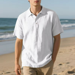 Men's Summer British Casual-Style Button-Down Loose-Fit <b>Linen</b> Polo Shirt - Product Image 2