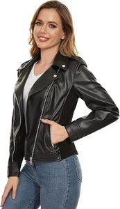 Chaqueta de Motociclista para Mujer, Negra, de Cuero Genuino de Oveja, Acolchada, Resistente al Viento, Corte Ajustado, con Cierre, Estilo Casual, para Otoño - Product Image 2