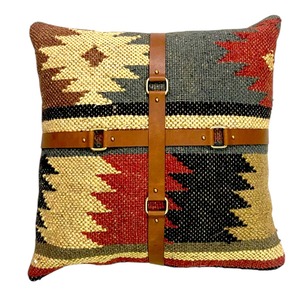Handmade Kilim Cushion <b>Cover</b> with Leather Strap Boho Decorative <b>Throw</b> Pillow <b>Cover</b> Vintage Tribal <b>Sofa</b> Cushion - Product Image 4