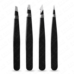 4 Piece Black Powder Coated Stainless Steel Slanted Eyebrow Tweezers Set OEM Private Label with Storage Bag <b>Precision</b> <b>Tool</b> - Product Image 6