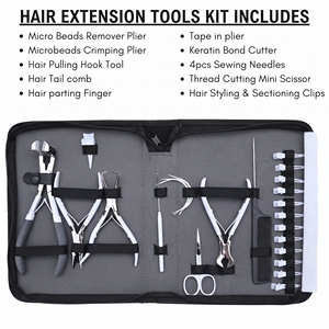 Kit d'outils professionnels pour extensions de cheveux Microlink à bandes adhésives : Pince à sertir les perles, Pince de dépose, Coupe-liens, Outil à crochet, Aiguilles, Peigne et Pinces - Product Image 2
