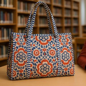 Bolsa de Mano de Algodón con Estampado Artesanal Bohemio y Panel Bordado en Azul, Rojo y Blanco, Bolsa de Compras Abierta para Todas las Temporadas - Product Image 4