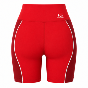 Shorts cycliste femme taille haute color block rouge bordeaux et blanc, logo personnalisé, extensible, pour gym, yoga, fitness, vêtements de sport, vente en gros - Product Image 2