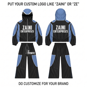 Ensemble coupe-vent d'hiver léger ZAINI en polyester/nylon 300 grammes pour homme, noir et bleu avec empiècements contrastants, logo personnalisé - Product Image 1