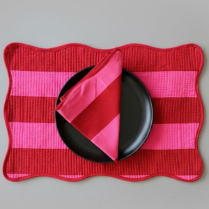 Hand Block Printed Cotton <b>Placemat</b> Set: Red & Pink Striped Table Linens - Product Image 1