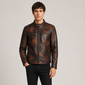 Men's Vintage Brown Leather Biker Jacket Slim Fit <b>Stand</b> Collar Zipper Closure Motorcycle Style Autumn Wear - Product Image 1