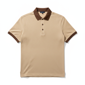 Polo en coton piqué beige pour homme, manches courtes, couleur unie, décontracté, respirant, coupe classique, design tricoté - Product Image 1