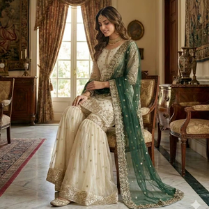 Ensemble de costume Gharara en soie Fendy pour femmes – Salwar Kameez avec broderies lourdes et sequins, et dupatta en tulle, idéal pour les mariages - Product Image 1