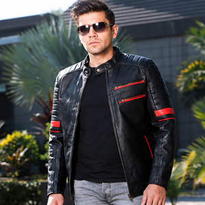 Blouson moto homme en cuir véritable noir, coupe ajustée, col rabattable, fermeture éclair, finition rouge, style automne - Product Image 1