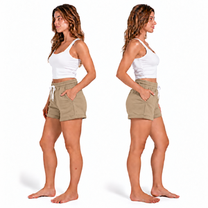 Shorts de Felpa de Algodón Beige Sólido para Mujer, Cintura Media, Cordón Ajustable, Bolsillos, Estilo Casual, Tejido Transpirable, Corte Regular - Product Image 6