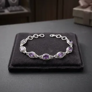 Elegant Purple Amethyst 925 Sterling Silver Handmade Bezel Setting Bracelet For Women's Classic Jewelry Gift - Product Image 5