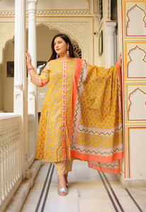 Zig Zag Printed Kurta <b>Pant</b> Dupatta Set Cotton Floral Mustard Round Neck <b>Three</b> <b>Quarter</b> Sleeve Plus Size Women Wholesale Casual - Product Image 6