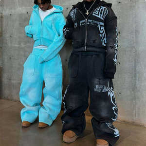 Conjunto de Sudadera con Capucha y Pantalones de Chándal para Hombre, Casual de Otoño, Bordado, con Efecto Desgastado y Lavado Ácido, Estilo Holgado - Product Image 2