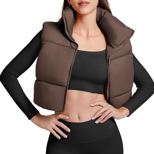 Chaleco Acolchado para Mujer, Color Marrón, Cuello Alto, Cierre de Cremallera, Sin Mangas, Color Sólido, Cortavientos, Abrigo Informal para Invierno - Product Image 1
