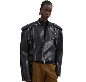 Chaqueta Casual Oversize de Cuero Genuino para Mujer, Estilo Urbano, con Cuello Alto, Cierre de Cremallera e Impermeable - Product Image 1