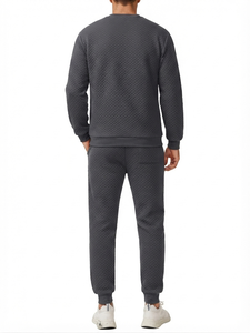 Ensemble survêtement décontracté gris foncé pour homme : sweat-shirt à col rond et pantalon de jogging pleine longueur, couleur unie, avec poches latérales, respirant - Product Image 2