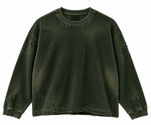 Oversized Dark Green Dirty Wash <b>Thermal</b> <b>Shirt</b> with Minor Distressing Full Sleeve Boxy Fit Waffle Knit - Product Image 1