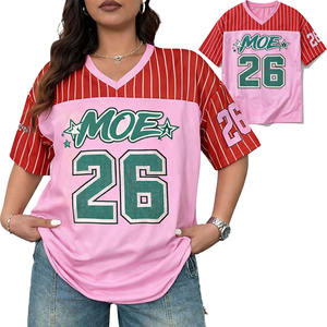 Camiseta de Fútbol Americano Rosa y Roja a Rayas, Estilo Urbano Oversize, Cuello en V, Corte Holgado, Transpirable, Poliéster, Estampado Gráfico - Product Image 3