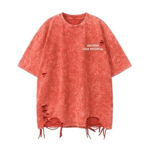 Oversized <b>Red</b> Tie Dye T-Shirt With Ripped Hem And Letter Print For Men Street Style Short Sleeve O-Neck Cotton Jersey <b>Top</b> - Product Image 3