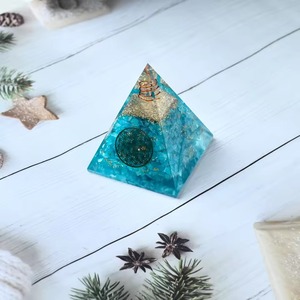 Handmade Blue Fluorite Pyramid Orgonite <b>Crystal</b> Decor Inlayed With Gold And Symbolic Design For Home Feng Shui - Product Image 4