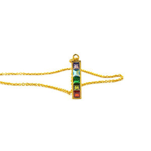 Colgante de Barra con Piedra de Nacimiento |   Cadena de Cuerda de Latón Chapada en Oro de 18K con Corte Cuadrado de Múltiples Piedras Preciosas, Joyería Hecha a Mano para Regalo - Product Image 4