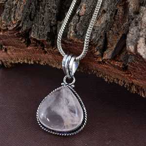 SHYAM JEWELRS Collier Pendentif Vintage en Argent Sterling 925 avec Cristal de Quartz Rose Naturel Style Bohème Certifié IGI Poire d'Eau - Product Image 1