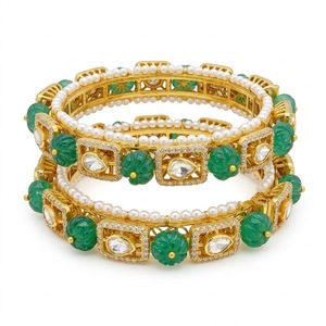 925 Silver Emerald Green Monzo Bangles Designer Pearl <b>Kada</b> Set for Women Antique Bridal Jewelry - Product Image 4