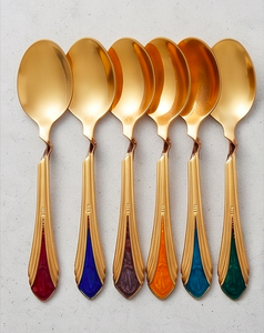 <b>Gold</b> Plated Tea Spoons Set With Colorful Enamel Handles <b>Long</b> Handle Durable Flatware Glam Design <b>Mirror</b> Polish For Hotel Use - Product Image 1