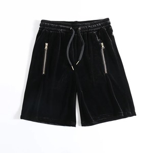 Shorts Bermuda en velours noir pour homme, en coton uni, avec poches zippées, taille élastique, style athlétique - Product Image 1