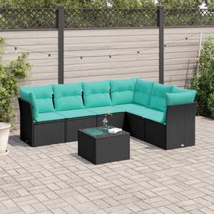 ชุดโซฟาลานบ้านหวายโพลีสีดำ 7 ชิ้นพร้อมชุดเบาะรองนั่งในสวน - Product Image 1