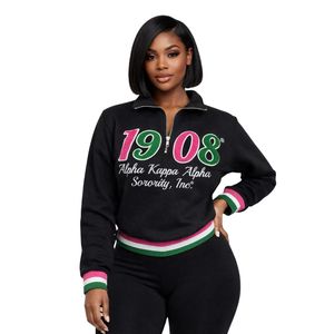 Sudadera negra de cuello alto con cremallera hasta la cintura, manga larga, de forro polar suave, para mujer, estilo casual, ropa de hermandad, 1908 - Product Image 1